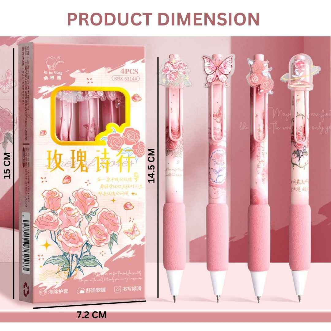 Rose Theme Gel Pen Set, Smooth Writing Pens with Cute Floral Designs (Pack of 4) for Girls, School & Office Use (4pcs Rose Pen set) - Needsly