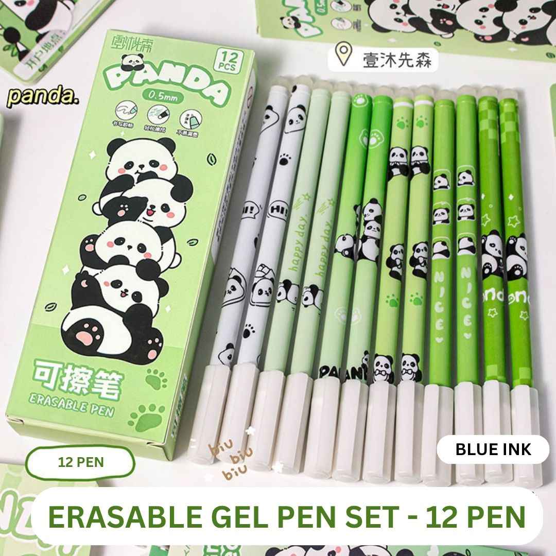 12 Pcs |0.5mm Fine Tip Panda Erasable Gel Pens | Cute Panda Design | Smooth Writing | Blue Ink | Ideal for Kids, Students & Gifting Women Girls Boys Office School Supplies (Panda-Blue Ink) - Needsly