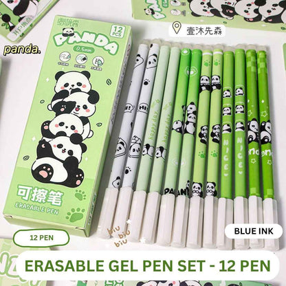 12 Pcs |0.5mm Fine Tip Panda Erasable Gel Pens | Cute Panda Design | Smooth Writing | Blue Ink | Ideal for Kids, Students & Gifting Women Girls Boys Office School Supplies (Panda-Blue Ink) - Needsly