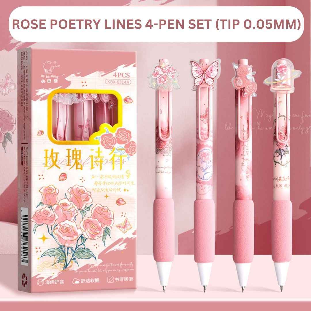 Rose Theme Gel Pen Set, Smooth Writing Pens with Cute Floral Designs (Pack of 4) for Girls, School & Office Use (4pcs Rose Pen set) - Needsly
