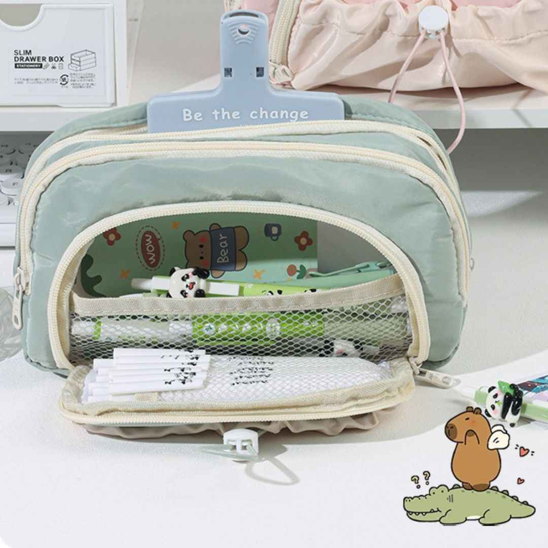 Pencil Case Stationery Items for Girls and Boys, Pen Pencil Pouch for School College and Office, Organize Makeup Cosmetic, Aesthetic Cute Stationary Box (Green) - Needsly