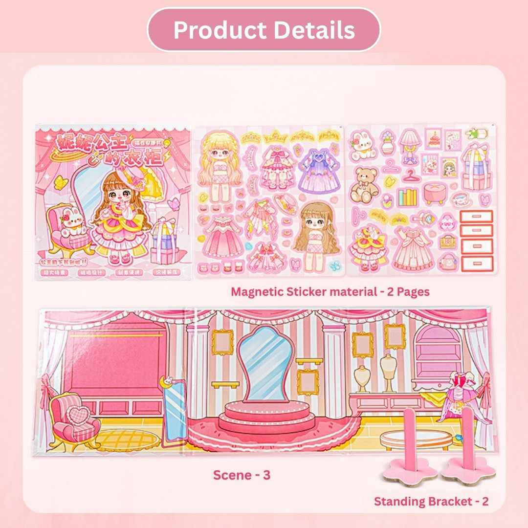 Princess Nini's Magnetic Wardrobe Reusable Magnetic Dress-Up Book for Girls with Cute Outfits, Accessory Stickers & Foldable Scene Room - Needsly