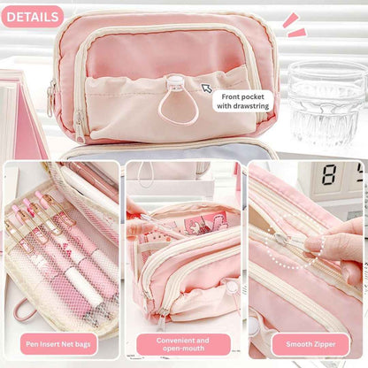 Pencil Case Stationery Items for Girls and Boys, Pen Pencil Pouch for School College and Office, Organize Makeup Cosmetic, Aesthetic Cute Stationary Box Pink - Needsly