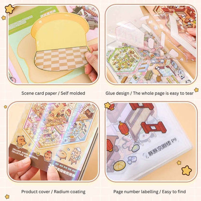 3D Simulation Sticker Book for Kids – 50 Sheets | 20 Scene Cards + 30 PET Stickers | DIY Cartoon Collage Activity Book | Create Your Own Mini House, Supermarket, Coffee Shop - Needsly