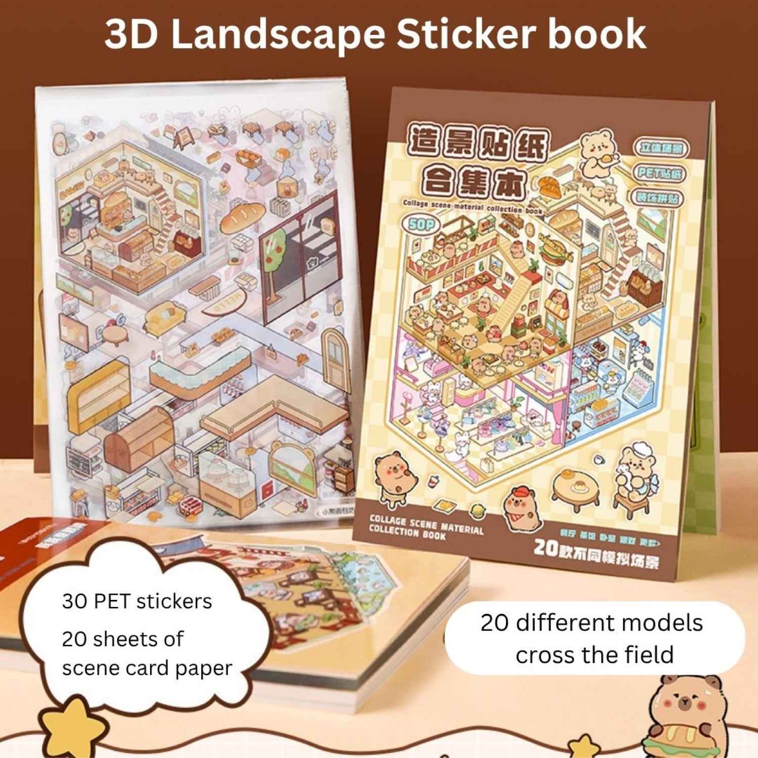 3D Simulation Sticker Book for Kids – 50 Sheets | 20 Scene Cards + 30 PET Stickers | DIY Cartoon Collage Activity Book | Create Your Own Mini House, Supermarket, Coffee Shop - Needsly