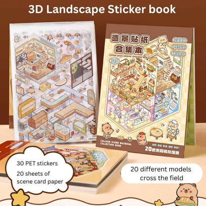 3D Simulation Sticker Book for Kids – 50 Sheets | 20 Scene Cards + 30 PET Stickers | DIY Cartoon Collage Activity Book | Create Your Own Mini House, Supermarket, Coffee Shop - Needsly