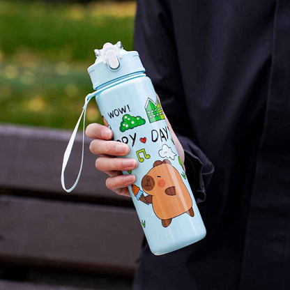 Cute Capybara Plastic Water Bottle | Portable Bottle with Strap | Lightweight & Reusable | Random Color | Pack of 1 700ml - Needsly