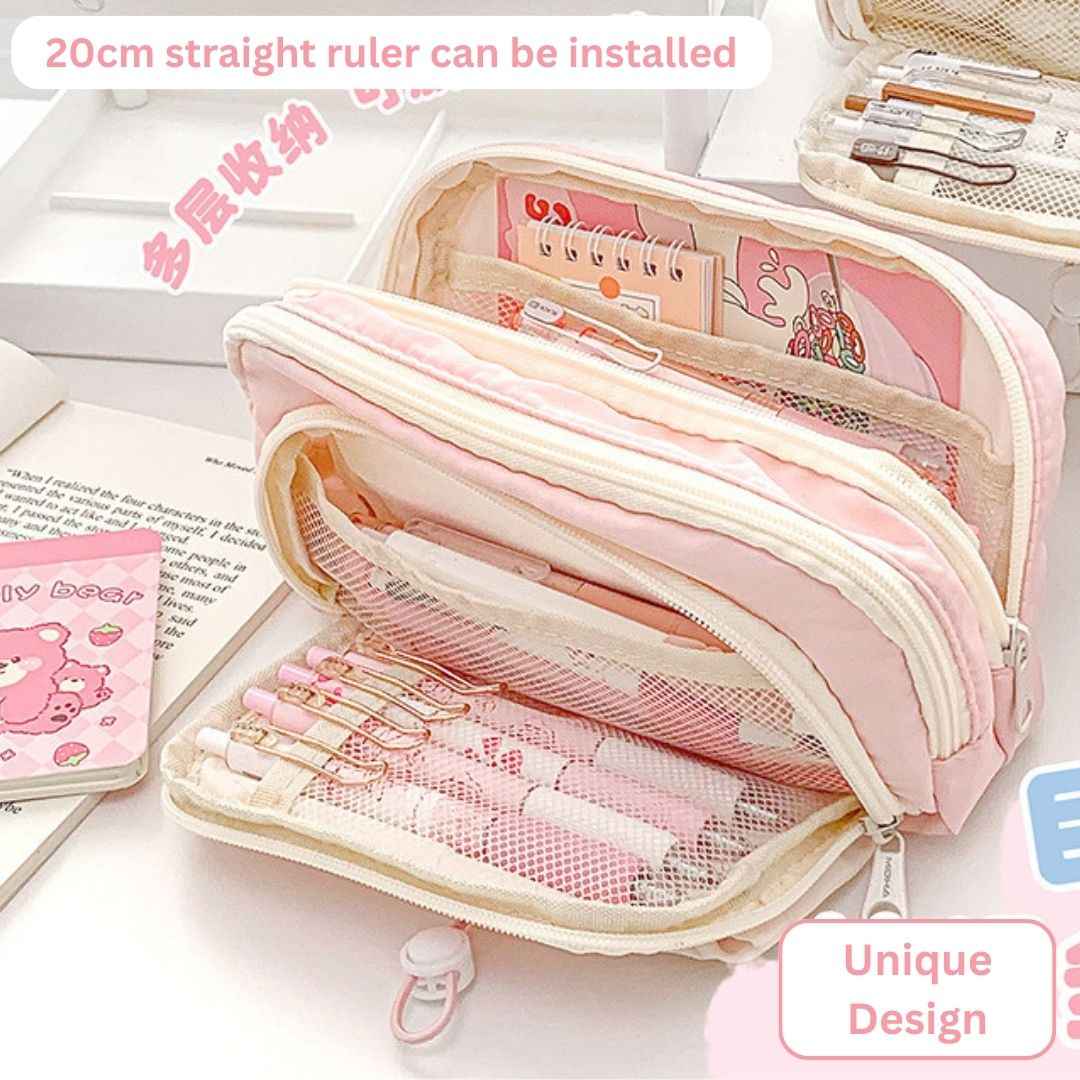 Pencil Case Stationery Items for Girls and Boys, Pen Pencil Pouch for School College and Office, Organize Makeup Cosmetic, Aesthetic Cute Stationary Box Pink - Needsly