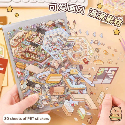 3D Simulation Sticker Book for Kids – 50 Sheets | 20 Scene Cards + 30 PET Stickers | DIY Cartoon Collage Activity Book | Create Your Own Mini House, Supermarket, Coffee Shop - Needsly