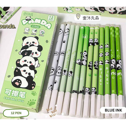 12 Pcs |0.5mm Fine Tip Panda Erasable Gel Pens | Cute Panda Design | Smooth Writing | Blue Ink | Ideal for Kids, Students & Gifting Women Girls Boys Office School Supplies (Panda-Blue Ink) - Needsly