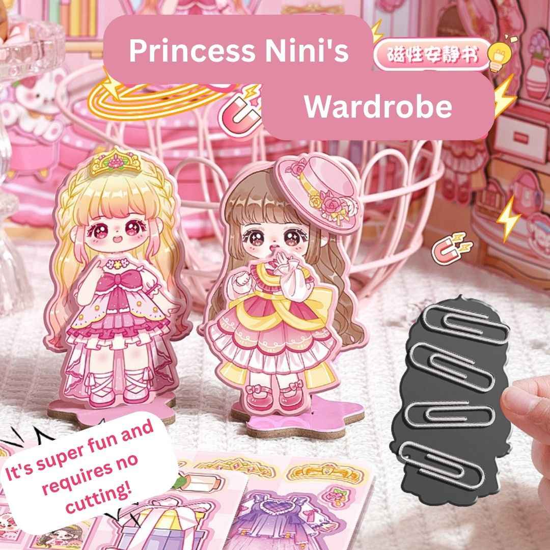 Princess Nini's Magnetic Wardrobe Reusable Magnetic Dress-Up Book for Girls with Cute Outfits, Accessory Stickers & Foldable Scene Room - Needsly