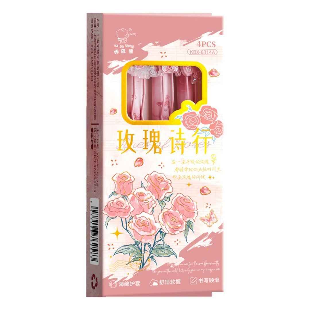 Rose Theme Gel Pen Set, Smooth Writing Pens with Cute Floral Designs (Pack of 4) for Girls, School & Office Use (4pcs Rose Pen set) - Needsly