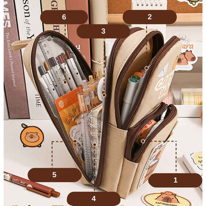 Large Capacity Multipurpose Pencil Case for Kids | Stylish Zipper Pouch & Stationery Organizer | Ideal Pencil Box for Boys, Girls & Students | 3 Layer Pencil Pouch (CAPYBARRA Theme Style) - Needsly