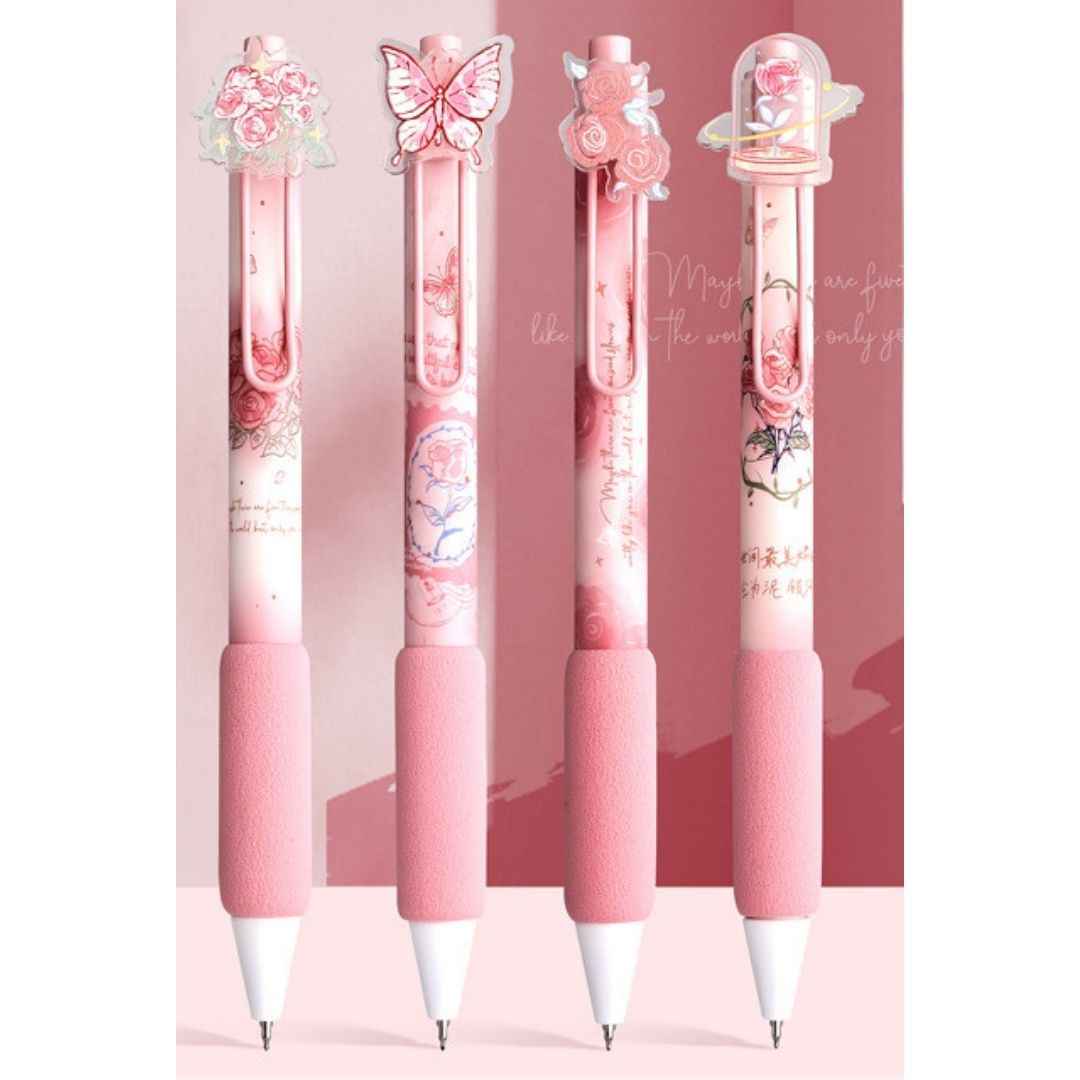 Rose Theme Gel Pen Set, Smooth Writing Pens with Cute Floral Designs (Pack of 4) for Girls, School & Office Use (4pcs Rose Pen set) - Needsly