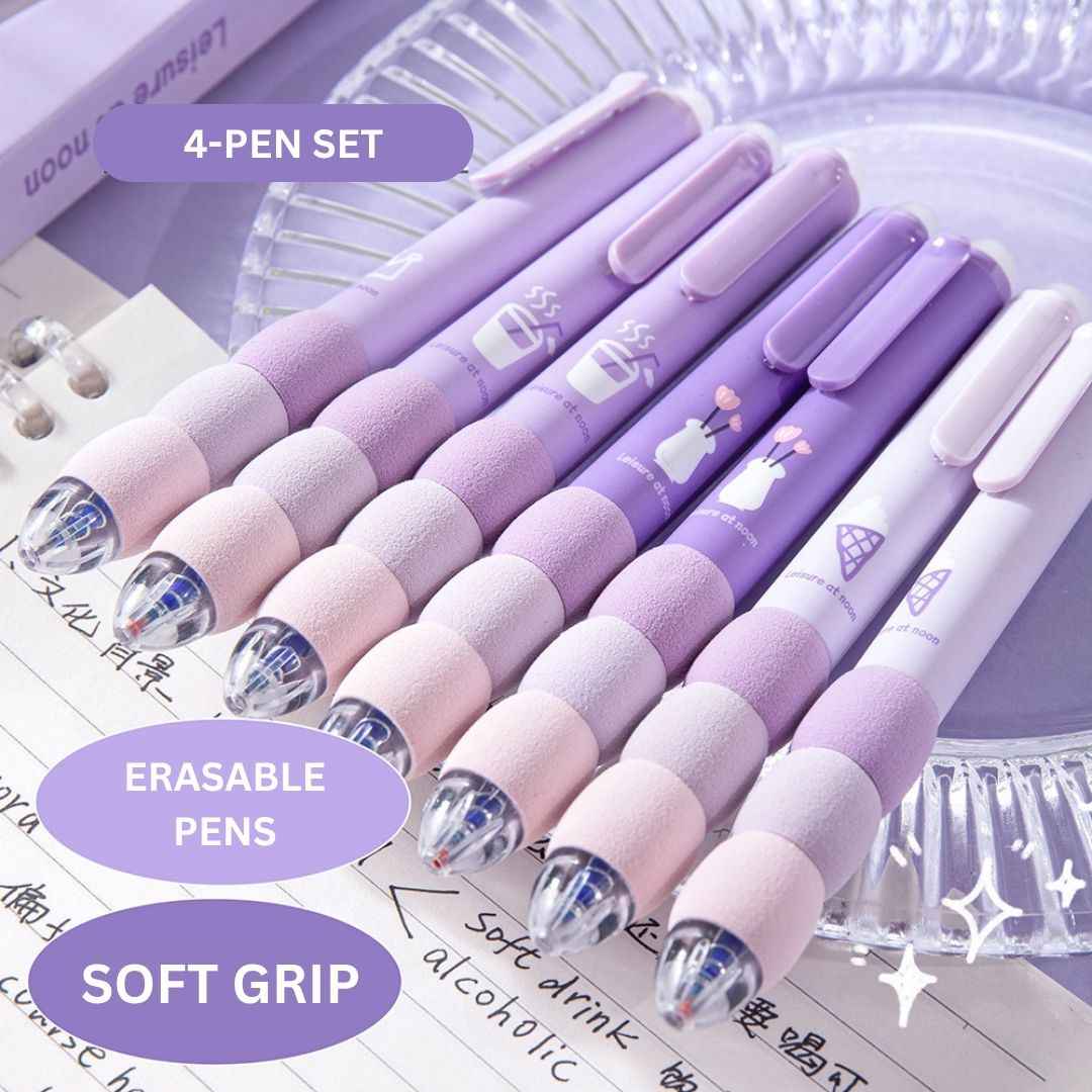 4 Pcs Cute Gel Pens - Aesthetic Retractable Blue Ink Pens with Cartoon Soft Grip for Kawaii Office & School Supplies - Needsly