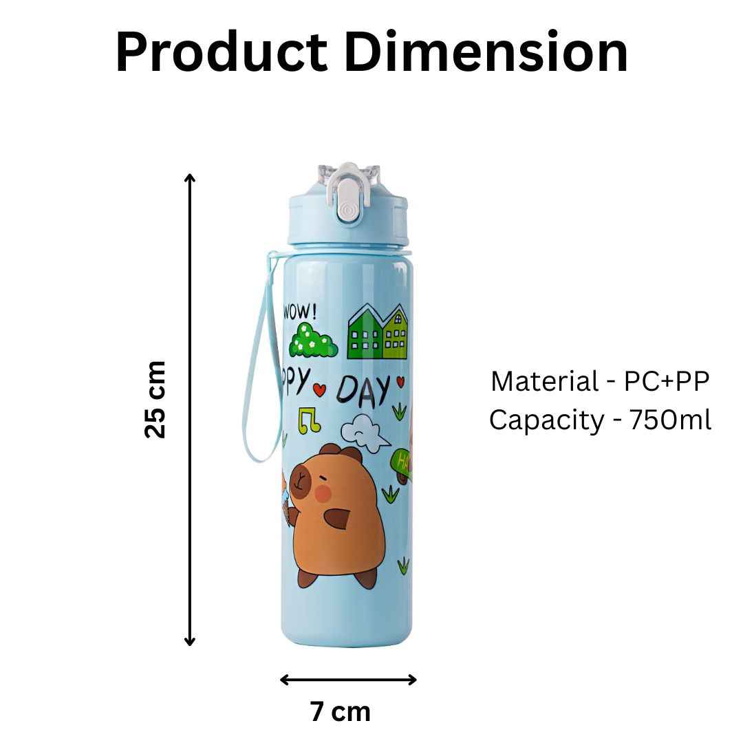 Cute Capybara Plastic Water Bottle | Portable Bottle with Strap | Lightweight & Reusable | Random Color | Pack of 1 700ml - Needsly