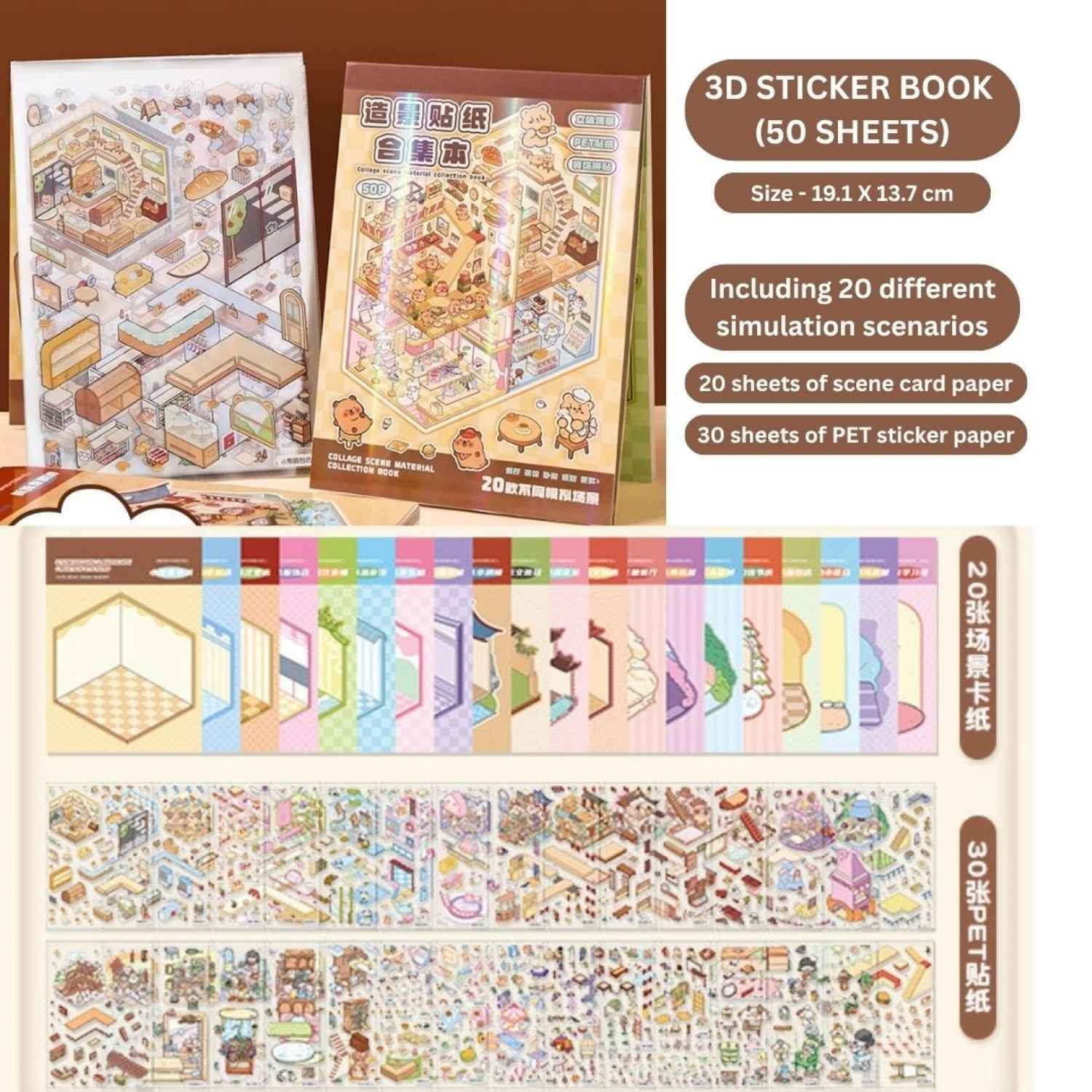 3D Simulation Sticker Book for Kids – 50 Sheets | 20 Scene Cards + 30 PET Stickers | DIY Cartoon Collage Activity Book | Create Your Own Mini House, Supermarket, Coffee Shop - Needsly