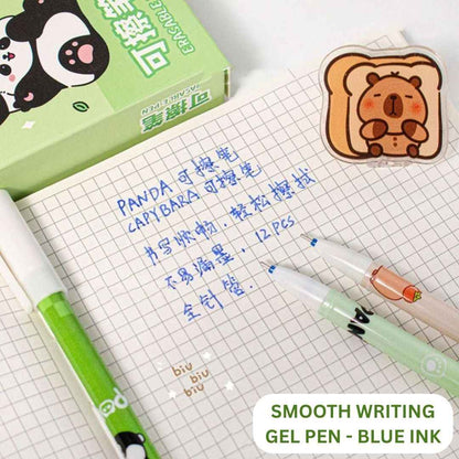12 Pcs |0.5mm Fine Tip Panda Erasable Gel Pens | Cute Panda Design | Smooth Writing | Blue Ink | Ideal for Kids, Students & Gifting Women Girls Boys Office School Supplies (Panda-Blue Ink) - Needsly
