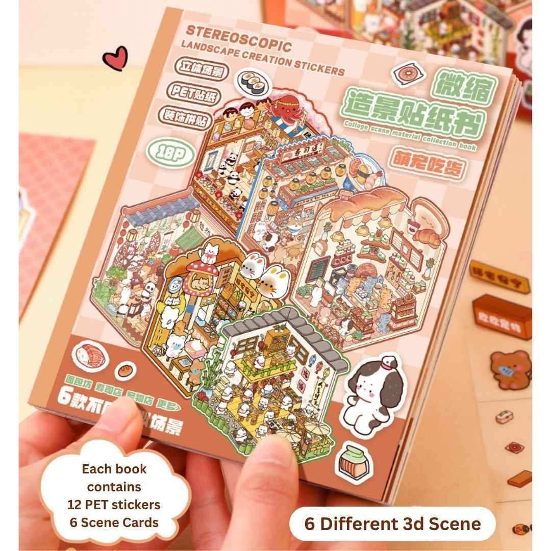 3D Sticker Book for Kids – 18 Sheets | 6 Scene Cards + 12 PET Stickers | DIY Cartoon Collage Activity Book for Fun & Learning - Needsly