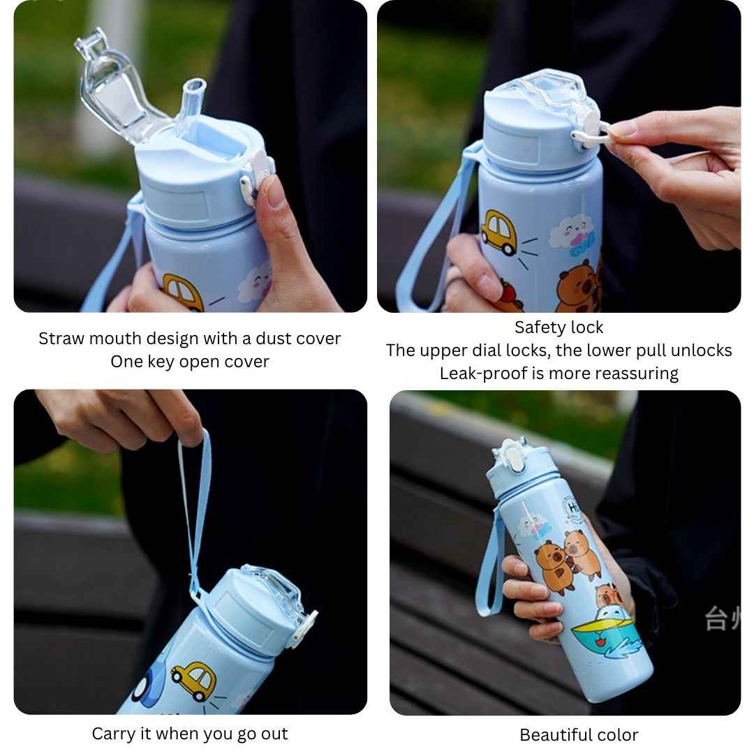 Cute Capybara Plastic Water Bottle | Portable Bottle with Strap | Lightweight & Reusable | Random Color | Pack of 1 700ml - Needsly