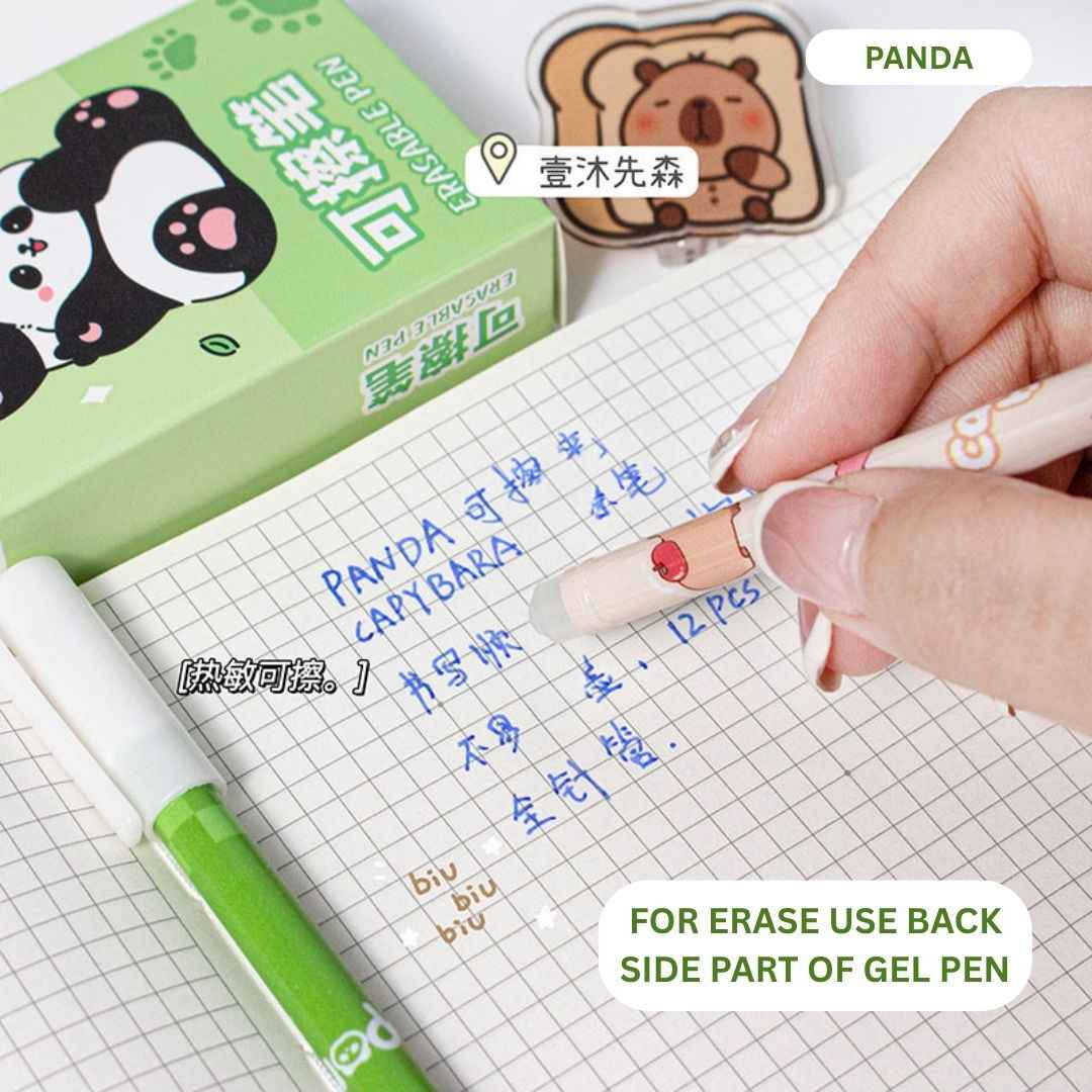 12 Pcs |0.5mm Fine Tip Panda Erasable Gel Pens | Cute Panda Design | Smooth Writing | Blue Ink | Ideal for Kids, Students & Gifting Women Girls Boys Office School Supplies (Panda-Blue Ink) - Needsly
