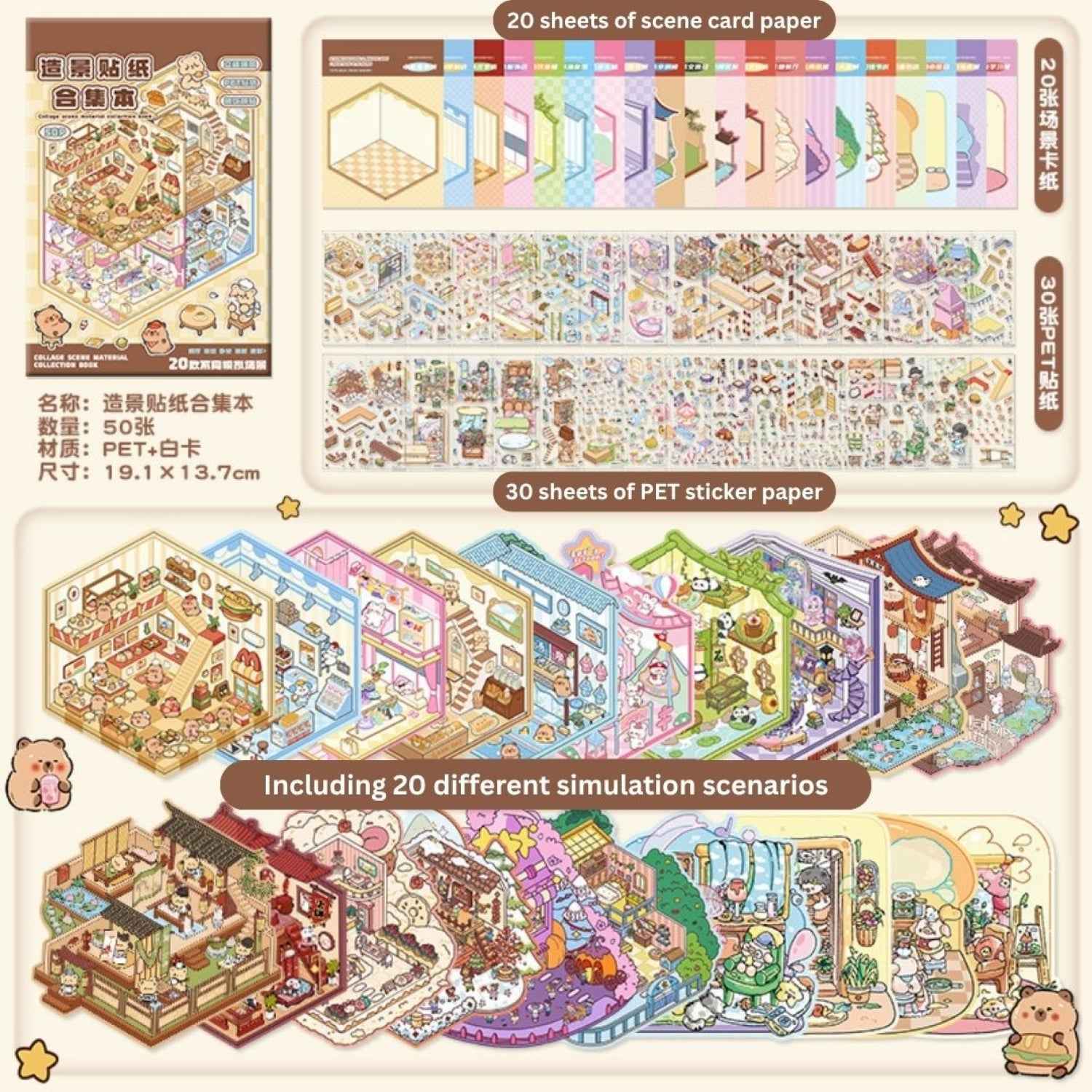 3D Simulation Sticker Book for Kids – 50 Sheets | 20 Scene Cards + 30 PET Stickers | DIY Cartoon Collage Activity Book | Create Your Own Mini House, Supermarket, Coffee Shop - Needsly