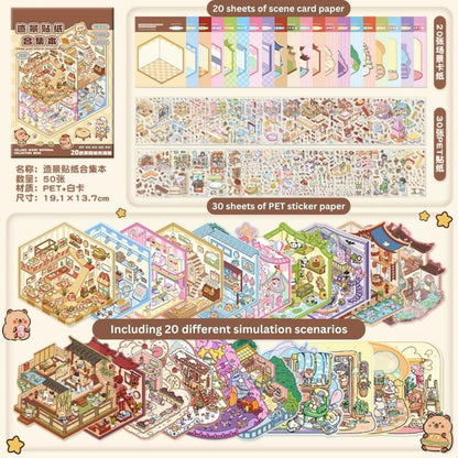 3D Simulation Sticker Book for Kids – 50 Sheets | 20 Scene Cards + 30 PET Stickers | DIY Cartoon Collage Activity Book | Create Your Own Mini House, Supermarket, Coffee Shop - Needsly