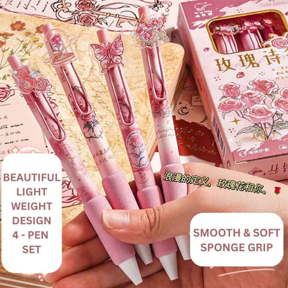 Rose Theme Gel Pen Set, Smooth Writing Pens with Cute Floral Designs (Pack of 4) for Girls, School & Office Use (4pcs Rose Pen set) - Needsly