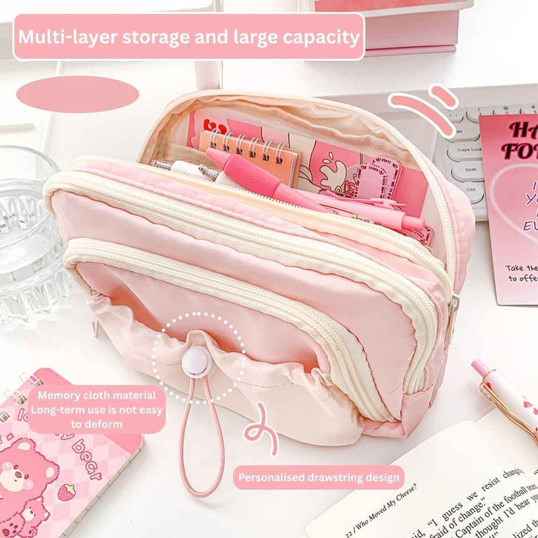 Pencil Case Stationery Items for Girls and Boys, Pen Pencil Pouch for School College and Office, Organize Makeup Cosmetic, Aesthetic Cute Stationary Box Pink - Needsly