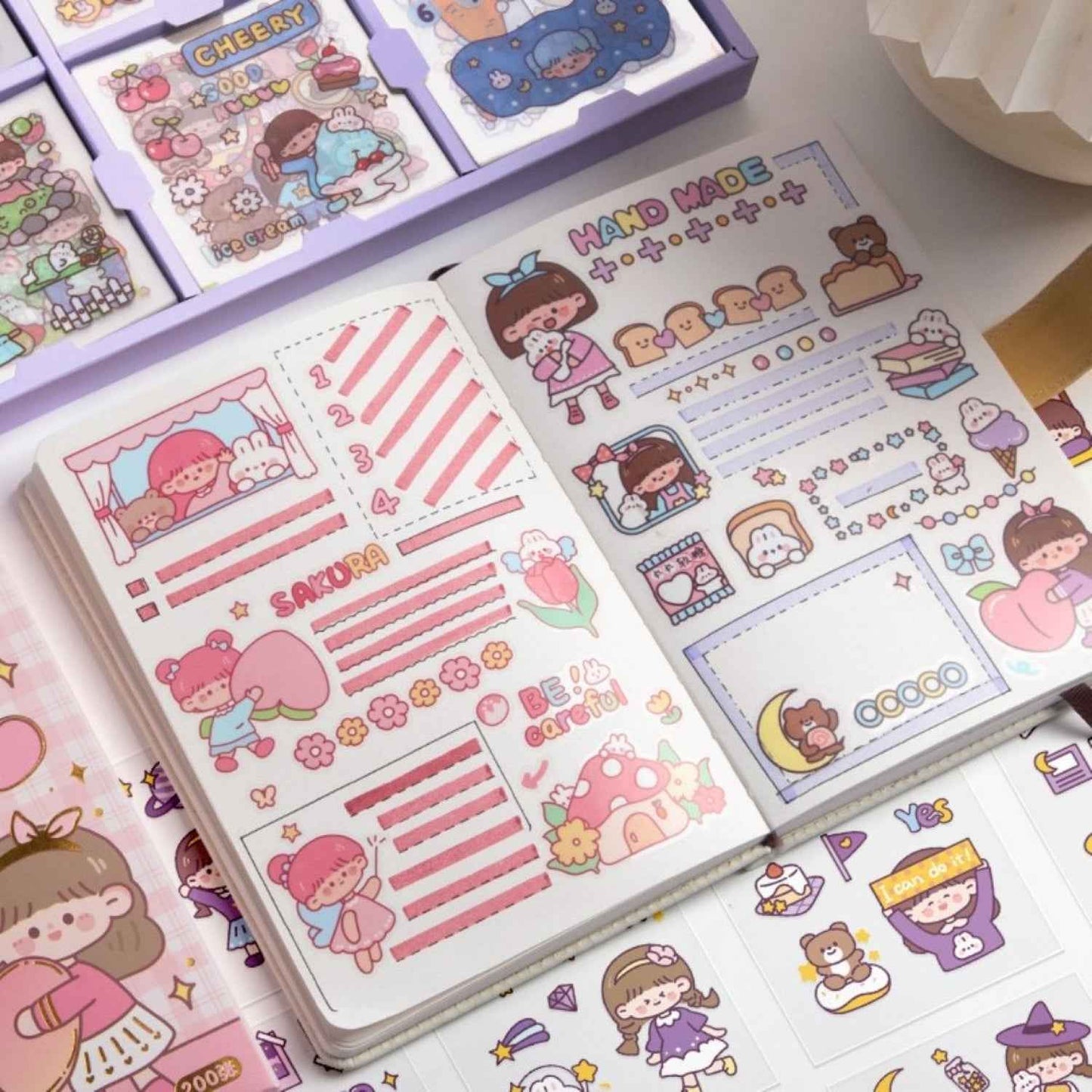 Cute Girl Theme Kawaii Stickers - 200 Sheets Cute Washi Stickers for Scrapbooking, Journaling, DIY Crafts & Gifts (Peach Cake) - Needsly
