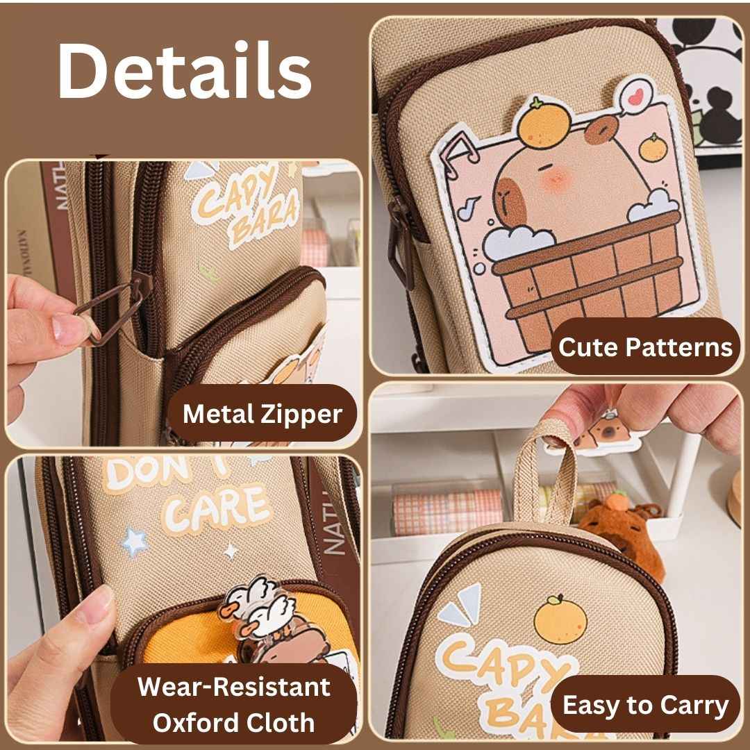 Large Capacity Multipurpose Pencil Case for Kids | Stylish Zipper Pouch & Stationery Organizer | Ideal Pencil Box for Boys, Girls & Students | 3 Layer Pencil Pouch (CAPYBARRA Theme Style) - Needsly