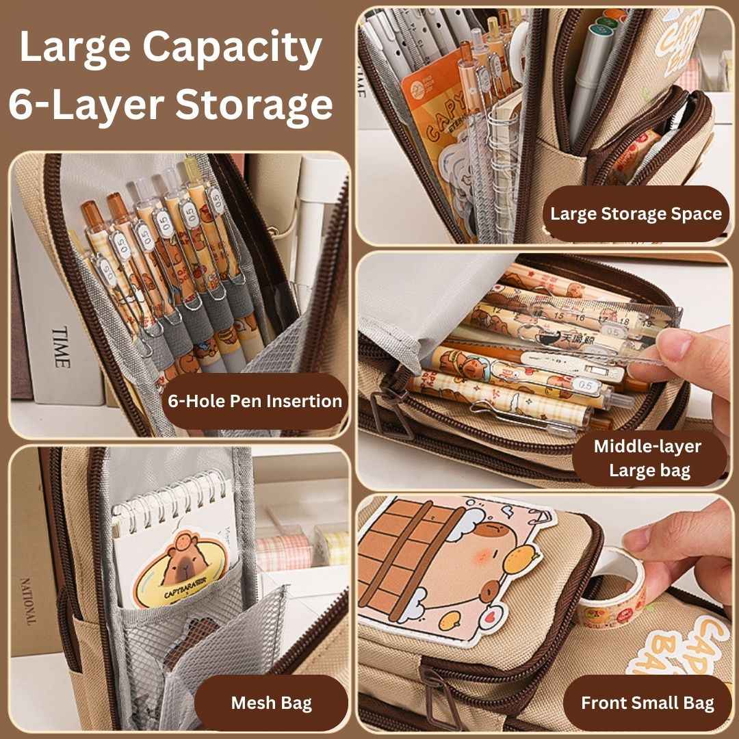 Large Capacity Multipurpose Pencil Case for Kids | Stylish Zipper Pouch & Stationery Organizer | Ideal Pencil Box for Boys, Girls & Students | 3 Layer Pencil Pouch (CAPYBARRA Theme Style) - Needsly