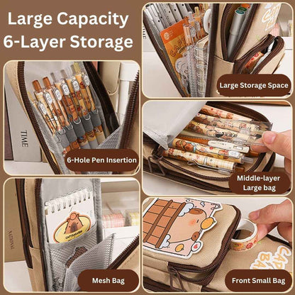 Large Capacity Multipurpose Pencil Case for Kids | Stylish Zipper Pouch & Stationery Organizer | Ideal Pencil Box for Boys, Girls & Students | 3 Layer Pencil Pouch (CAPYBARRA Theme Style) - Needsly