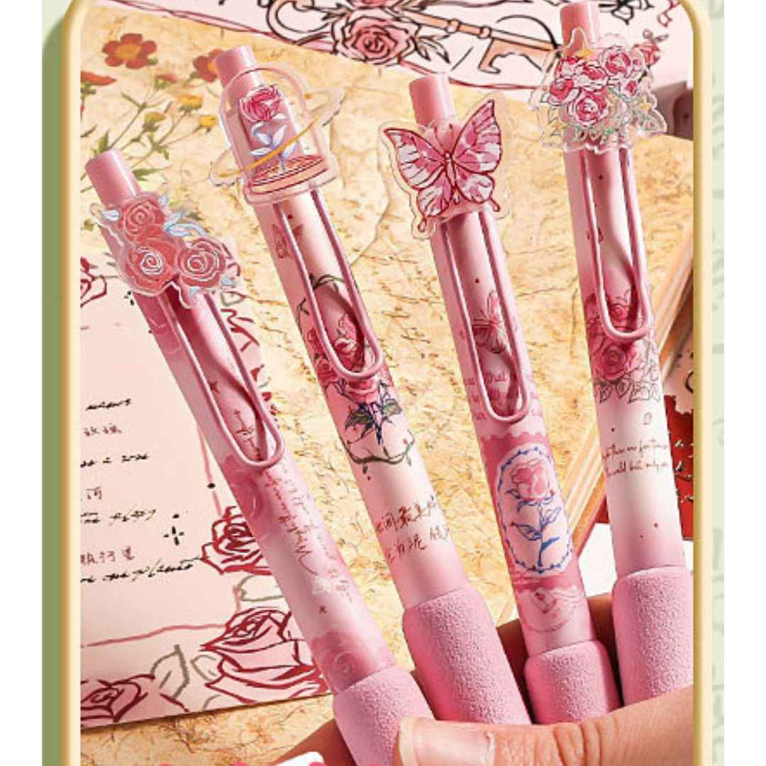 Rose Theme Gel Pen Set, Smooth Writing Pens with Cute Floral Designs (Pack of 4) for Girls, School & Office Use (4pcs Rose Pen set) - Needsly