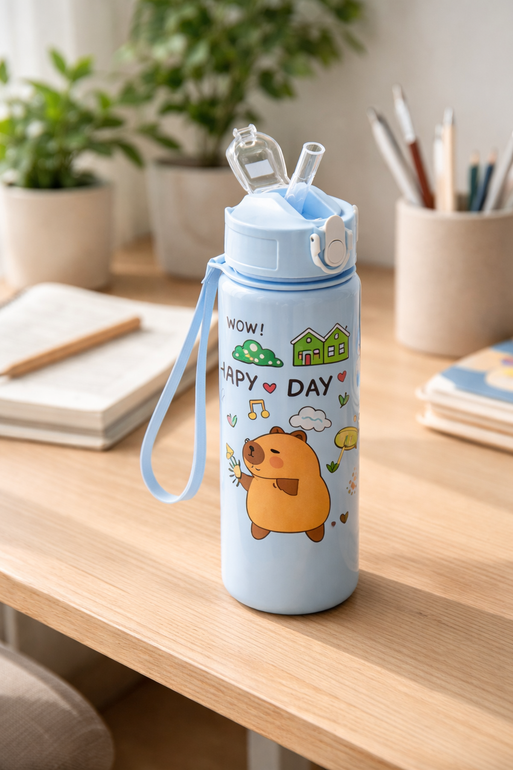 Cute Capybara Plastic Water Bottle | Portable Bottle with Strap | Lightweight & Reusable | Random Color | Pack of 1 700ml - Needsly