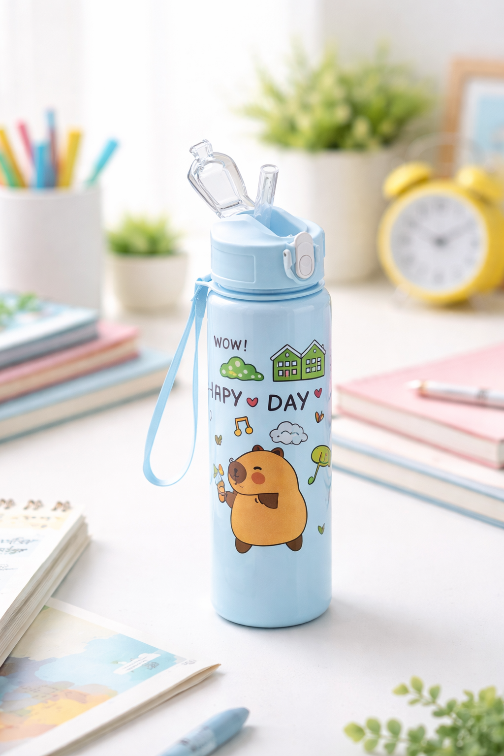 Cute Capybara Plastic Water Bottle | Portable Bottle with Strap | Lightweight & Reusable | Random Color | Pack of 1 700ml - Needsly